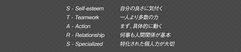 S - Self-esteem　自分の良さに気付く・T - Teamwork一人より多数の力・A - Action　まず、具体的に動く・R - Relationship　何事も人間関係が基本・S - Specialized　特化された個人力が大切